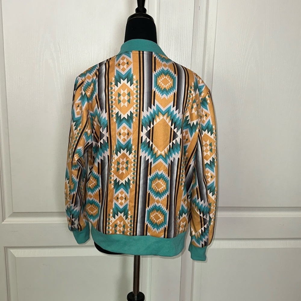 CRAZY TRAIN YELLOW & BLUE AZTEC GEOMETRIC WESTERN COUNTRY COWGIRL BOMBER JACKET - Picture 2 of 7